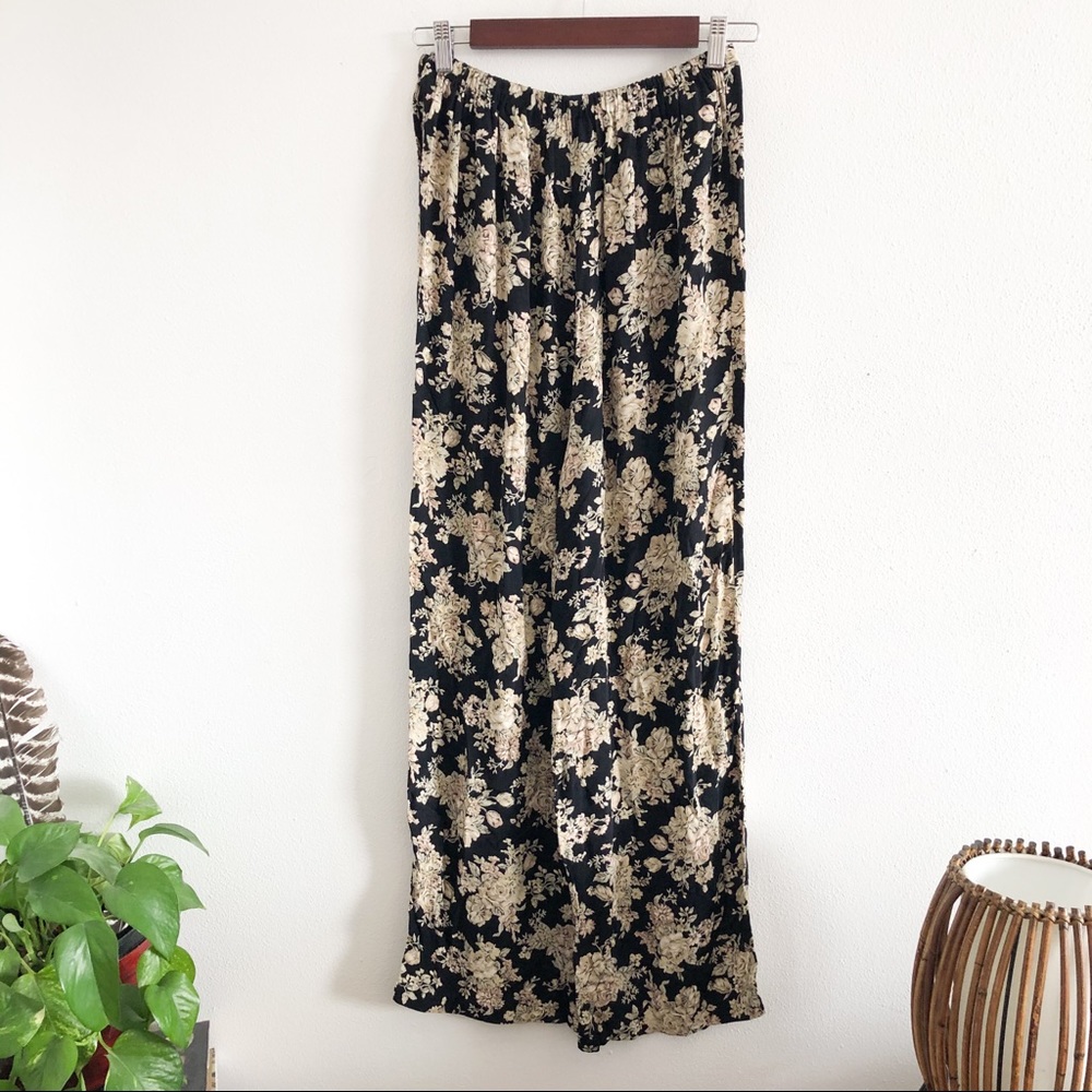 Vintage Black Wide Leg Pants with Cream Floral Print